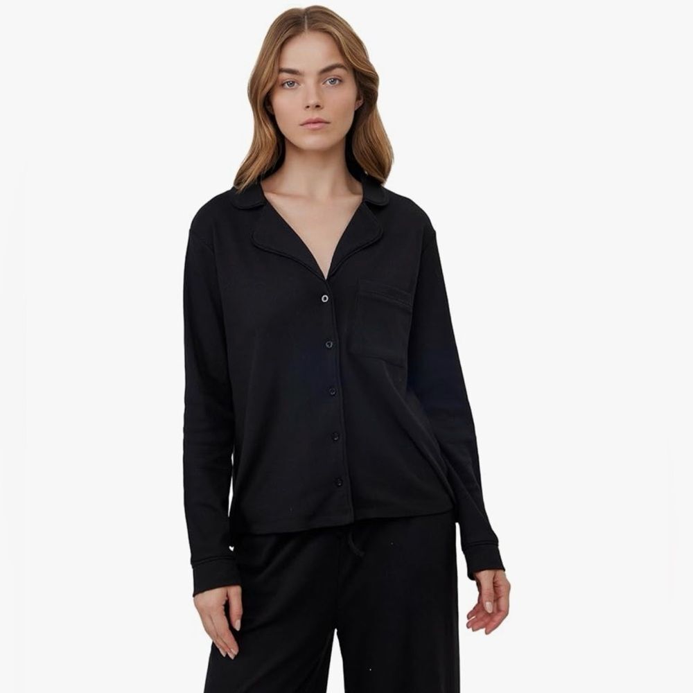 Gottex Beach Life Black Ribbed Loungewear Top Button Up Pocket Long Sleeve M NWT